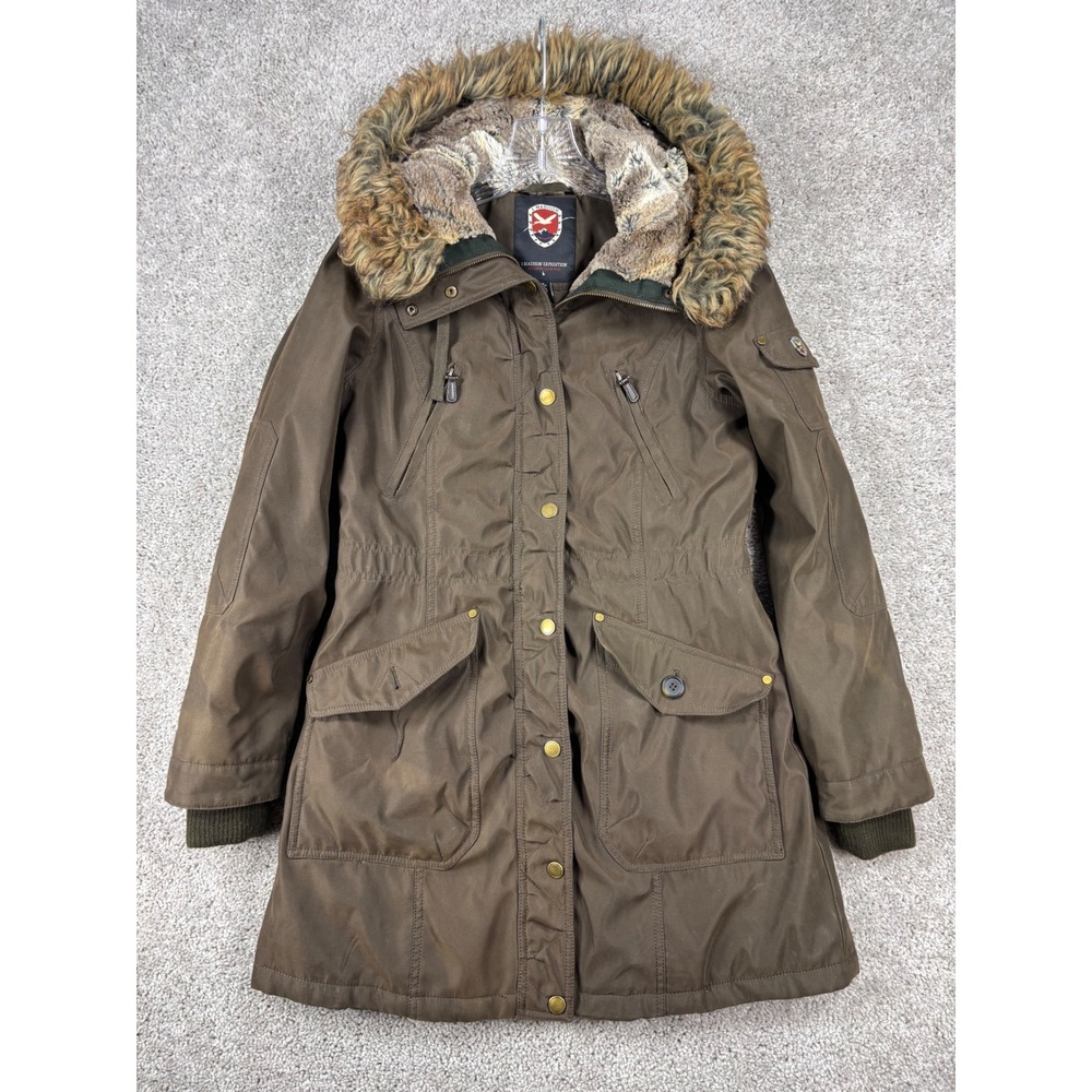 1 Madison Expedition Womens Faux Fur Trim Hooded Parka Jacket Olive Brown S P